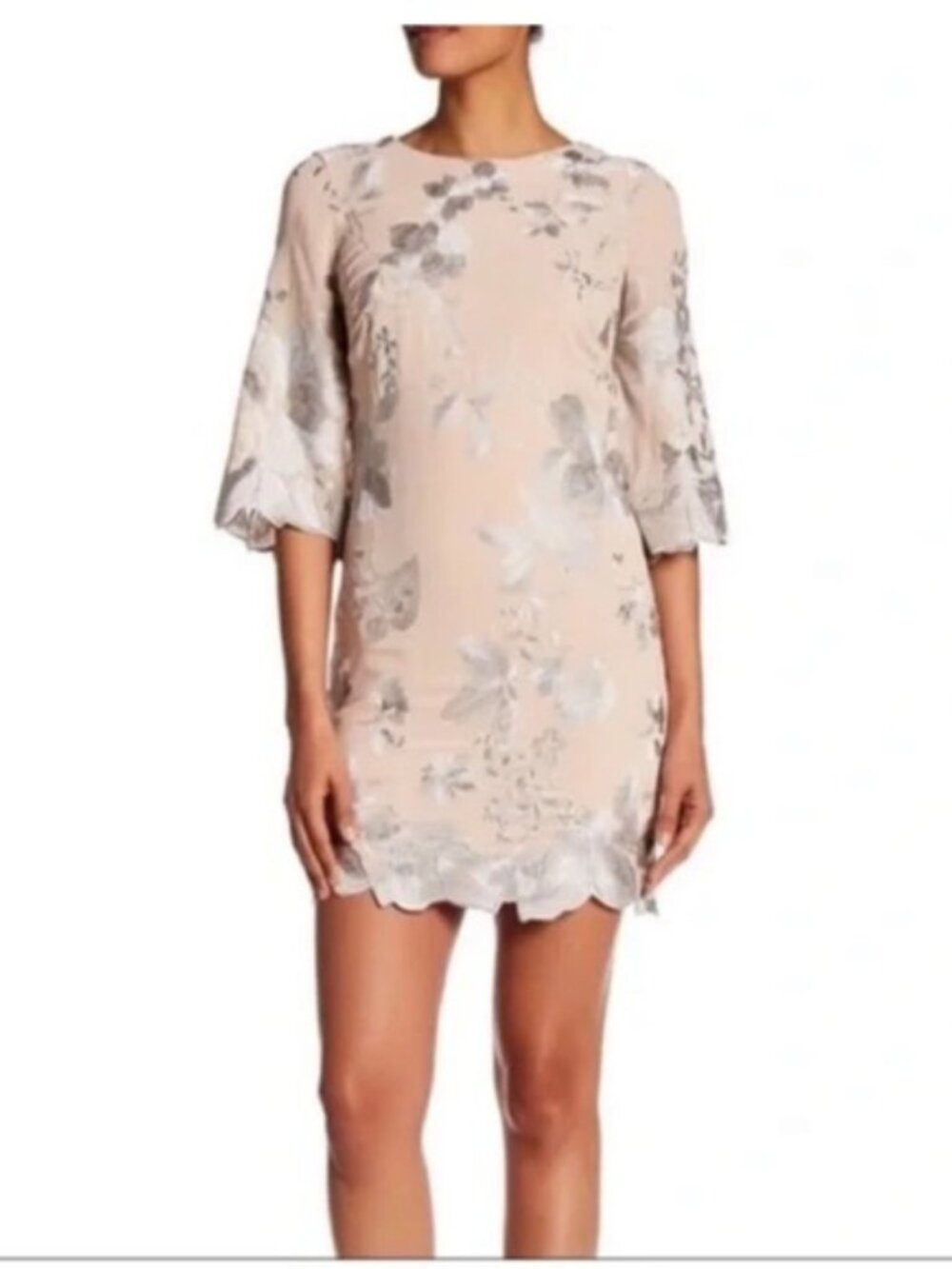 Dress the Population Paige Silver Embroidered Floral Mini Dress Bell Sleeve XS